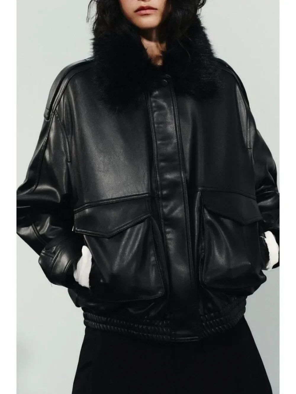 Zara Womens bomber Jacket Detachable Faux Fur Collar S Black 4341/781 NWT